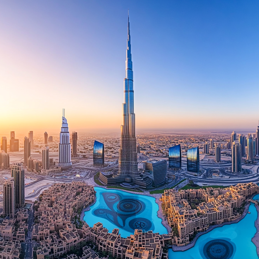 Panoramic View of Stunning Dubai Skyline Captured at Sunset with Burj Khalifa Dominating the Horizon